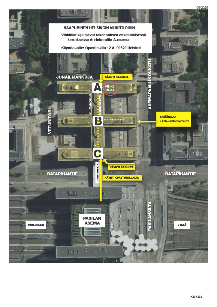 Map image: arrival at the Helsinki marriage ceremony premises. The marriage ceremony premises are located on the first floor of the Pasila office centre (Pasilan Virastokeskus), in section A of Aurinkoraitti. Visiting address: Opastinsilta 12 A, 00520 Helsinki. Entrance via Junailijankuja, from Ratapihantie, and from Pasila Station via Opastinsilta.