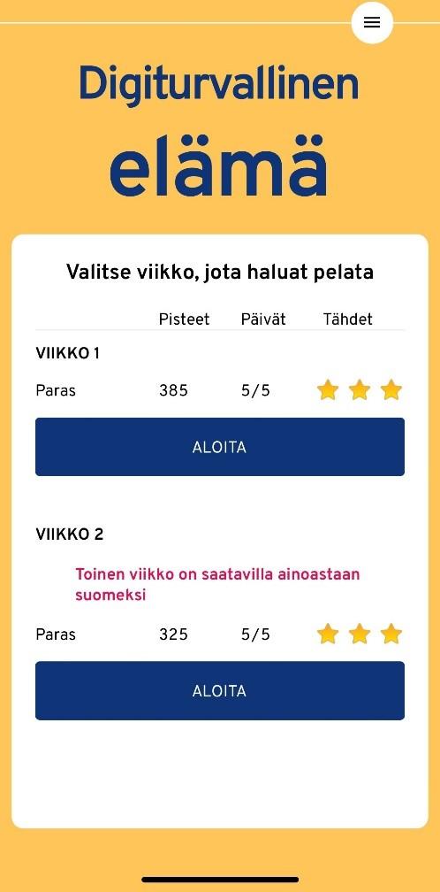 Näyttökaappaus Digiturvallinen elämä -pelin tuloksesta.