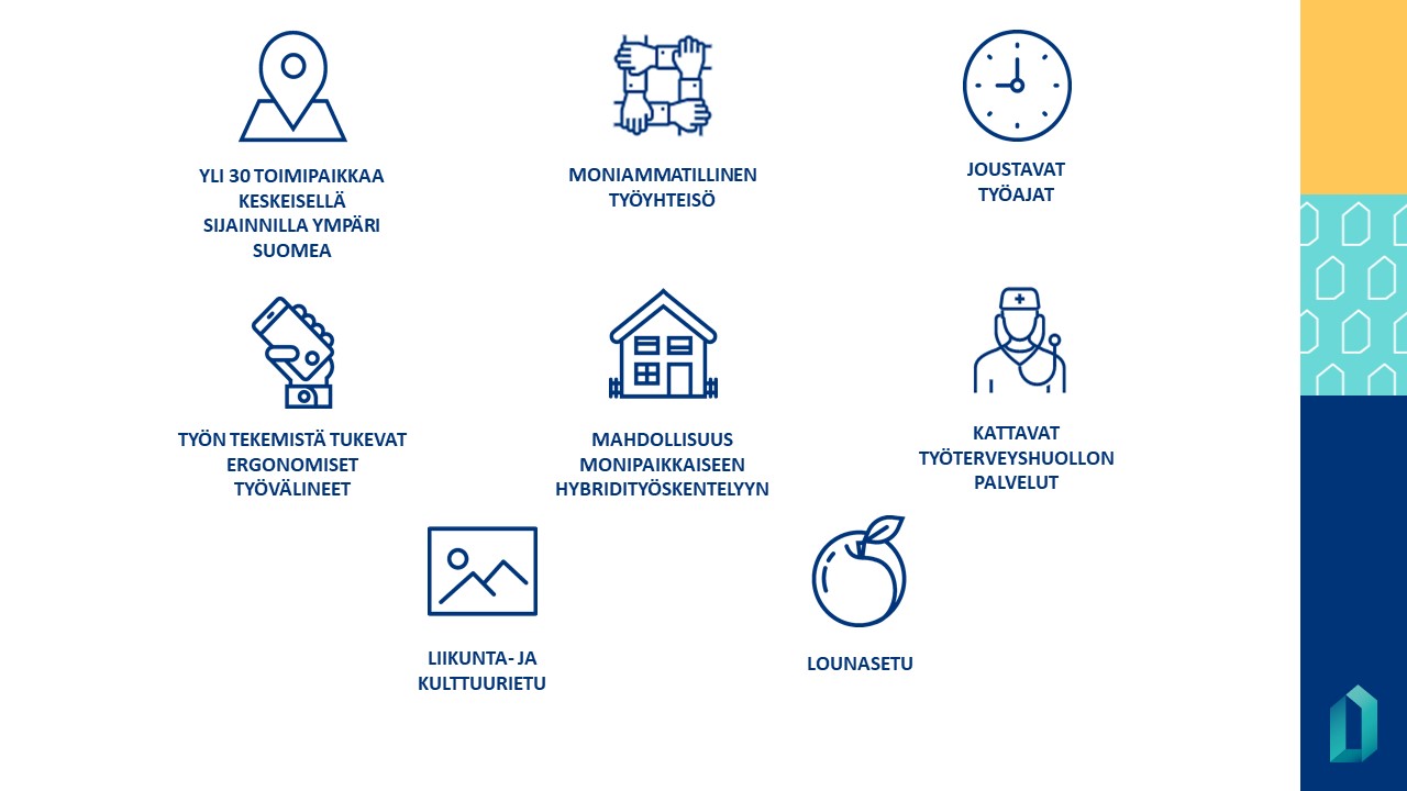 Digi- ja väestötietoviraston työsuhde-edut vasemmalta oikealle: yli 30 toimipaikkaa keskeisellä sijainnilla ympäri Suomea, moniammatillinen työyhteisö, joustavat työajat, työn tukemista tukevat ergonomiset työvälineet, mahdollisuus monipaikkaiseen hybridityöskentelyyn, kattavat työterveyshuollon palvelut, liikunta- ja kulttuurietu, lounasetu. 