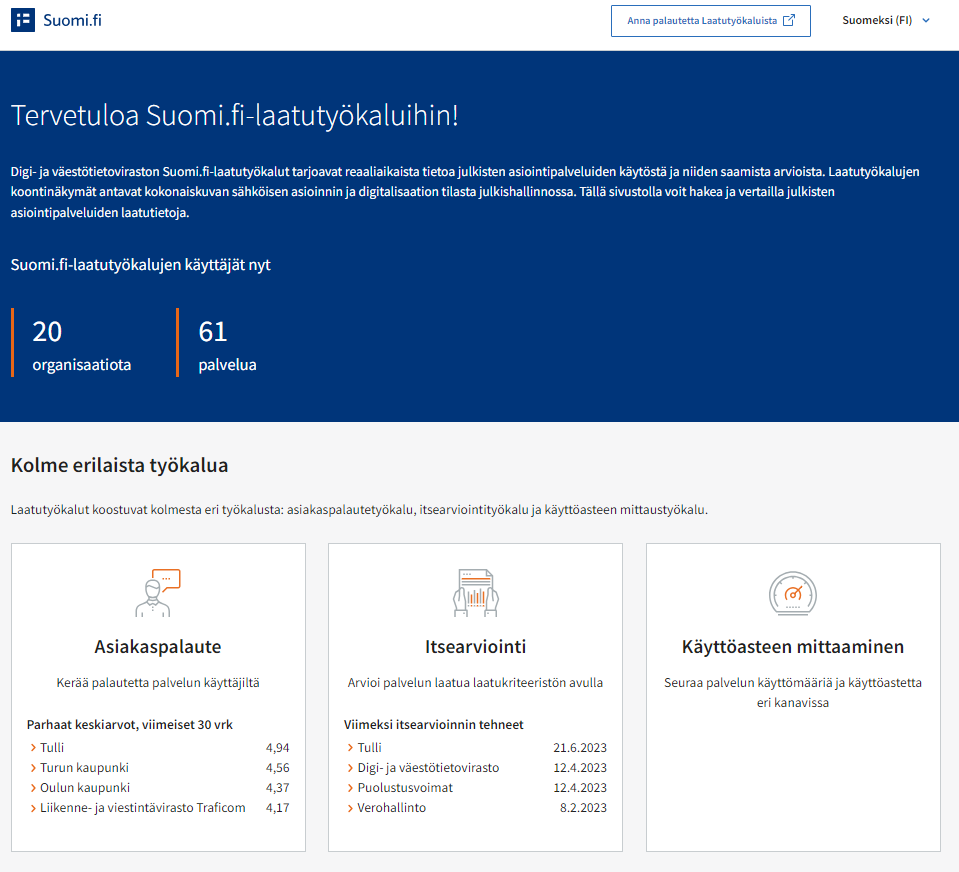 Suomi.fi-laatutyökalujen julkinäkymän etusivu 