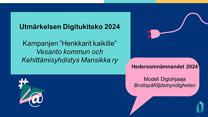 Bilden visar två pratbubblor, den första med texten "Utmärkelsen Digitukiteko 2024: Kampanjen ”Henkkarit kaikille”, Vesanto kommun och Kehittämisyhdistys Mansikka ry". I den andra pratbubblan står det "Hedersomnämnandet 2024: Modell Digiohjaaja, Brottspåföljdsmyndigheten".