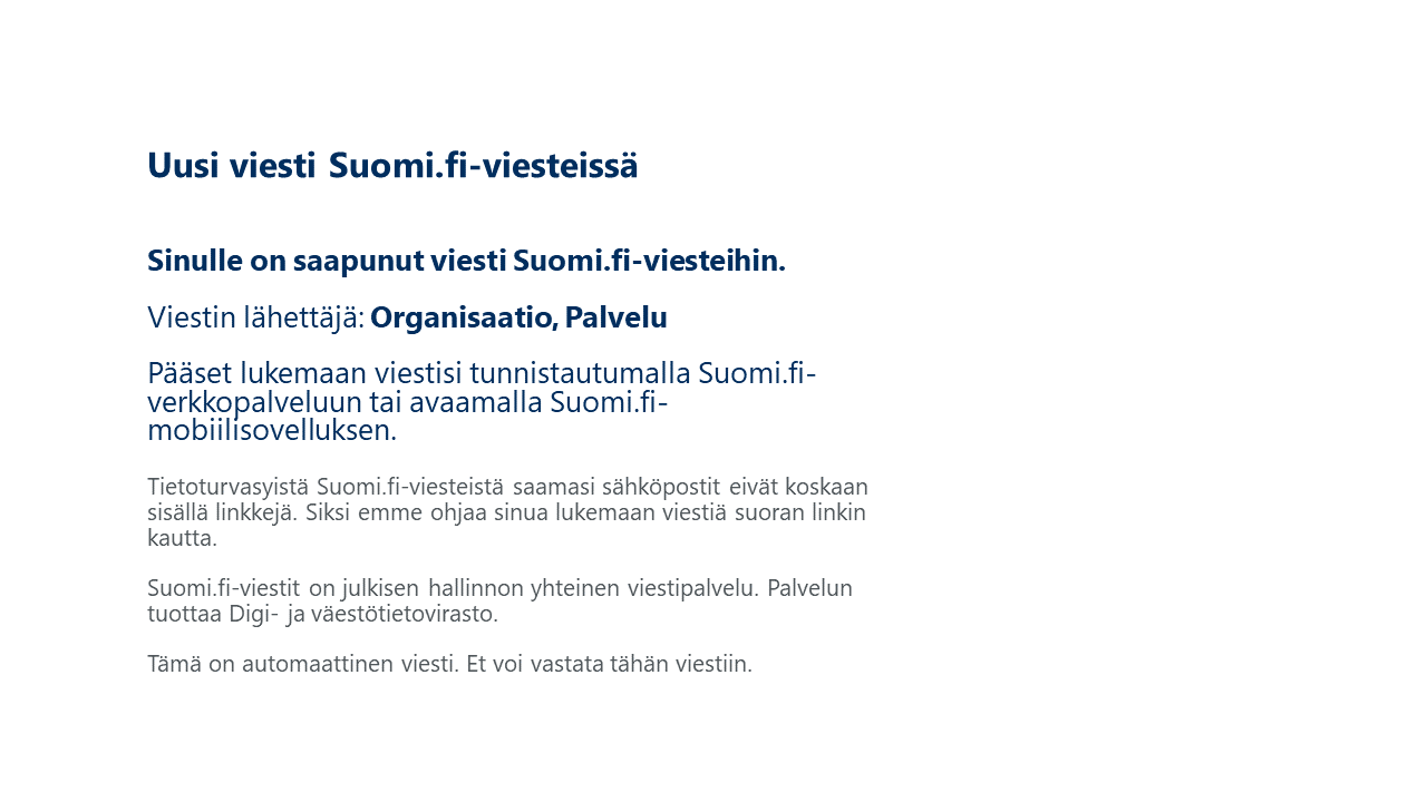 Havainnekuva: Suomi.fi-viestien uusi sähköposti-ilmoitus 2.12.2024 alkaen. 