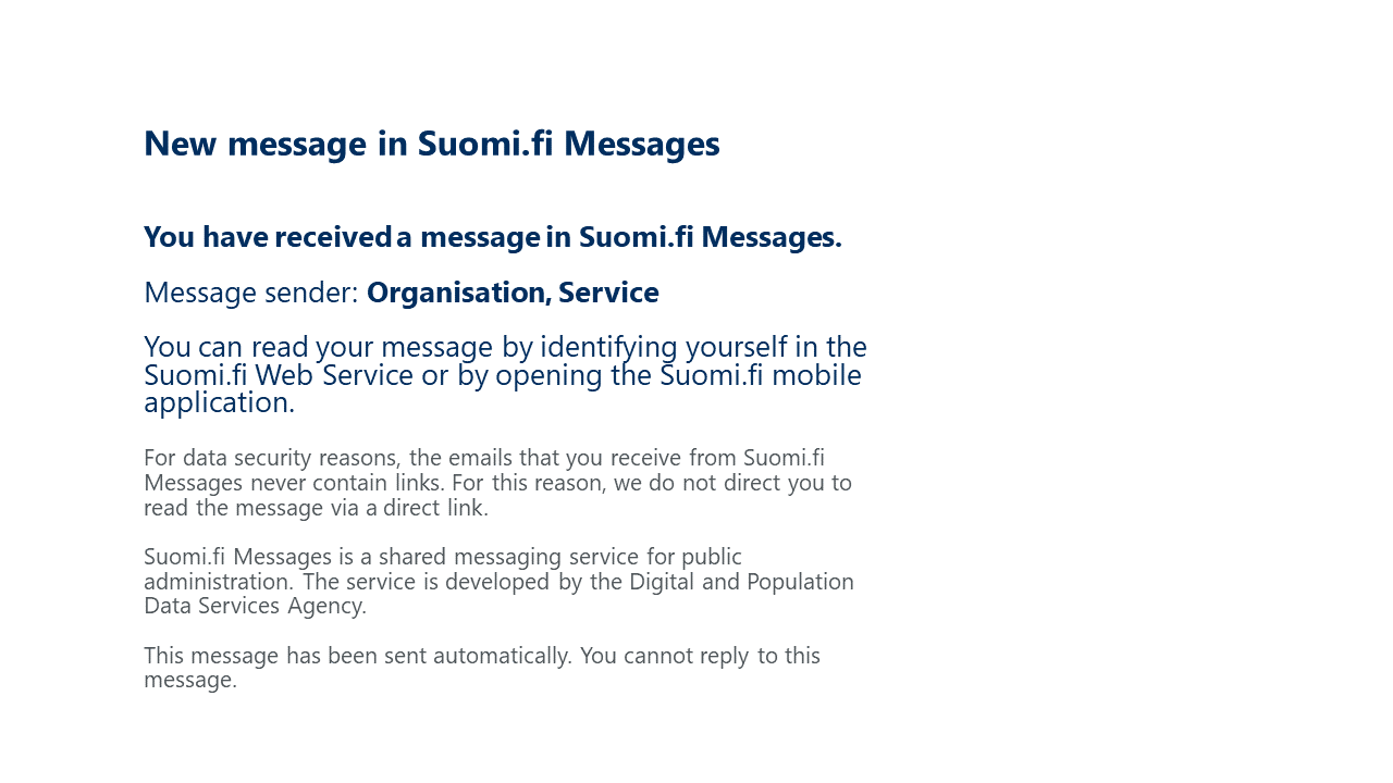 A screenshot showing the standard format of an email notification sent by Suomi.fi Messages.