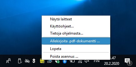 DigiSign Clientin kuvake on tehtäväpalkissa. Valikosta on valittuna kohta "Allekirjoita .pdf-dokumentti".