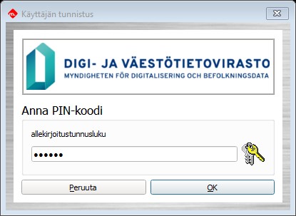 DigiSign Clientin Käyttäjän tunnistus -ikkuna, jossa on allekirjoitustunnusluku-kenttä.