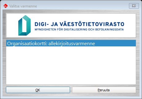 DigiSign Clientin Valitse varmenne -ikkuna. Ohjelma ehdottaa ikkunassa allekirjoitusvarmennetta.