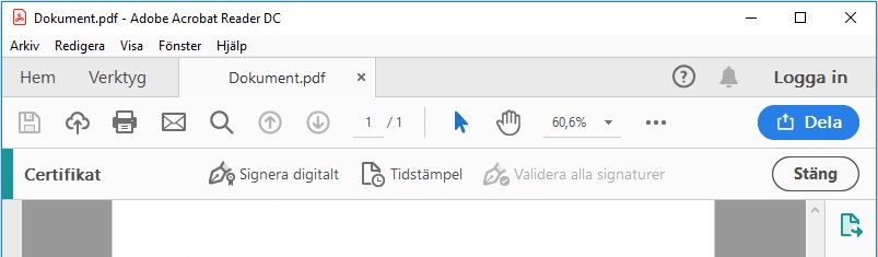 ”Certifikat” i Adobe Acrobat, där ”Signera digitalt” väljs.