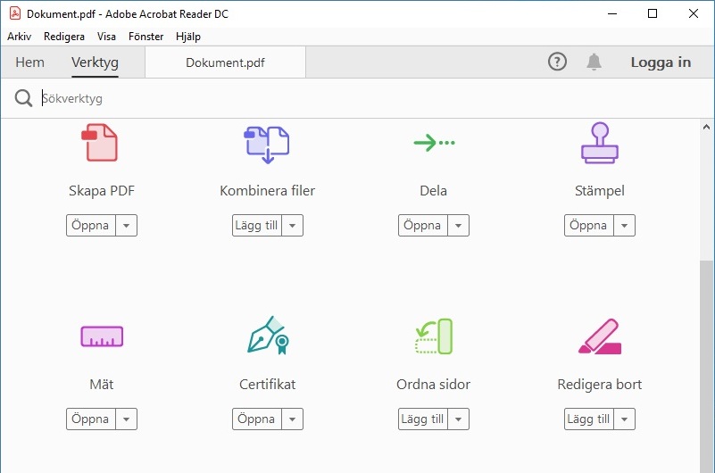 Fliken Verktyg i Adobe Acrobat. Välj ”Certifikat” på fliken.