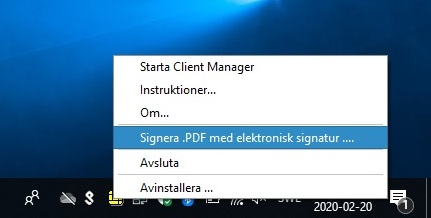 DigiSign Client-ikonen finns i aktivitetsfältet. ”Signera .pdf med elektronisk signatur” har valts i menyn.