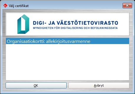 Fönstret Välj certifikat i DigiSign Client. Programmet föreslår signaturcertifikat i fönstret.
