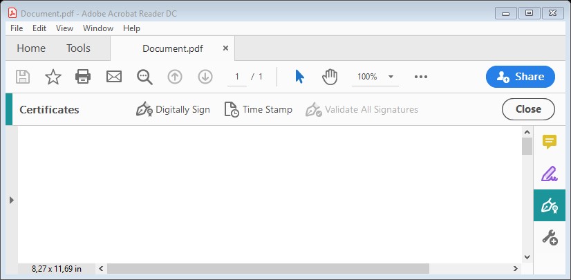 The “Certificates” bar in Adobe Acrobat, where “Digitally Sign” is selected.