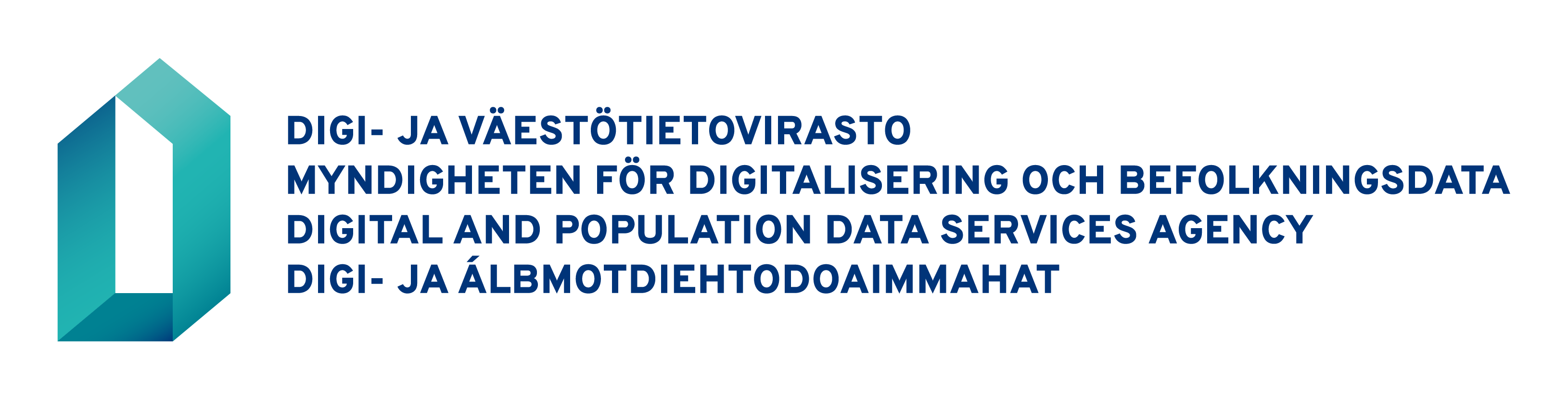 Logotyp: Myndigheten för digitalisering och befolkningsdata. Logotyp på fyra språk: finska-svenska-engelska-same