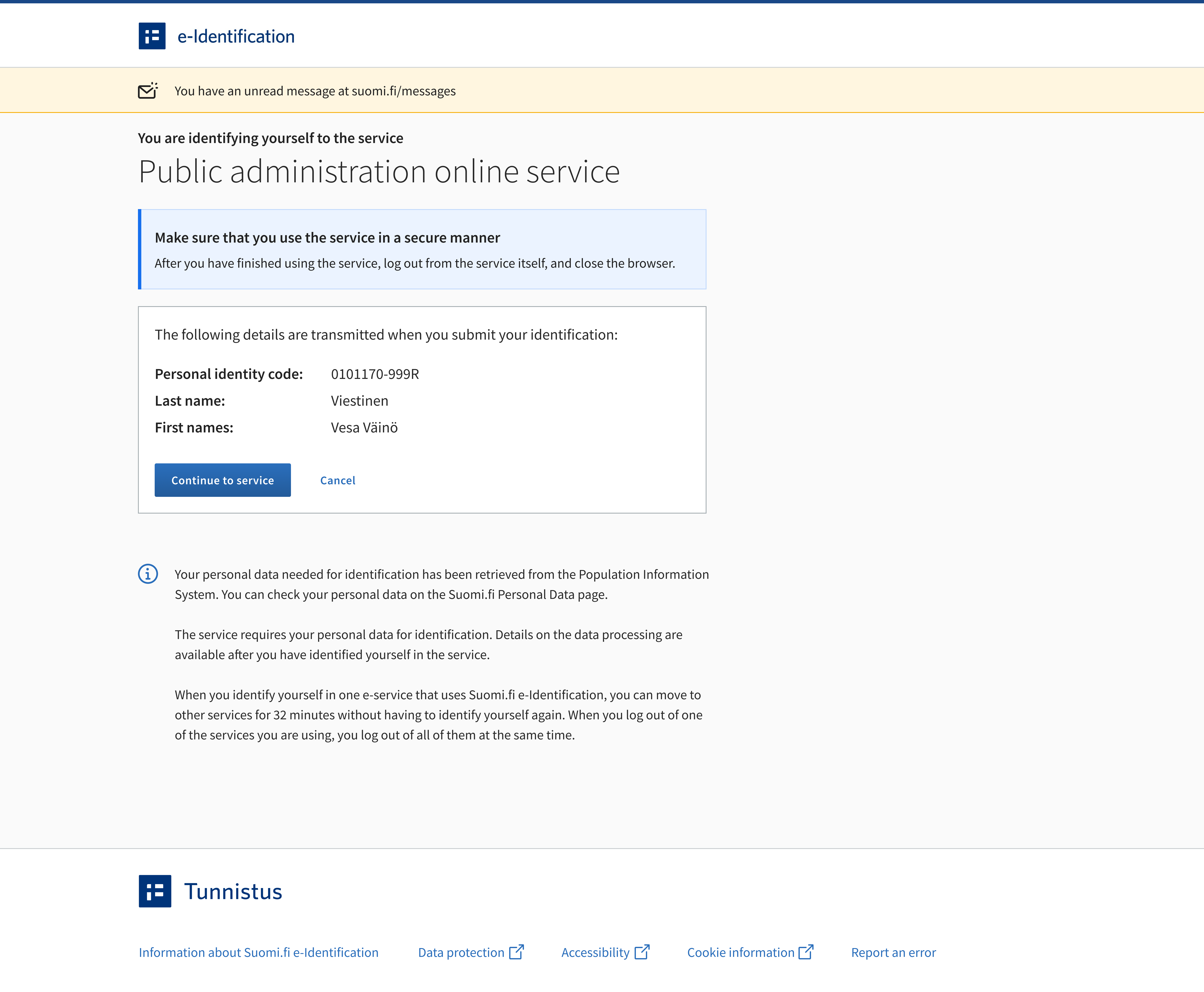 This is what the reminder looks like that is shown during Suomi.fi authentication, informing you that you have a new unread message in Suomi.fi Messages.