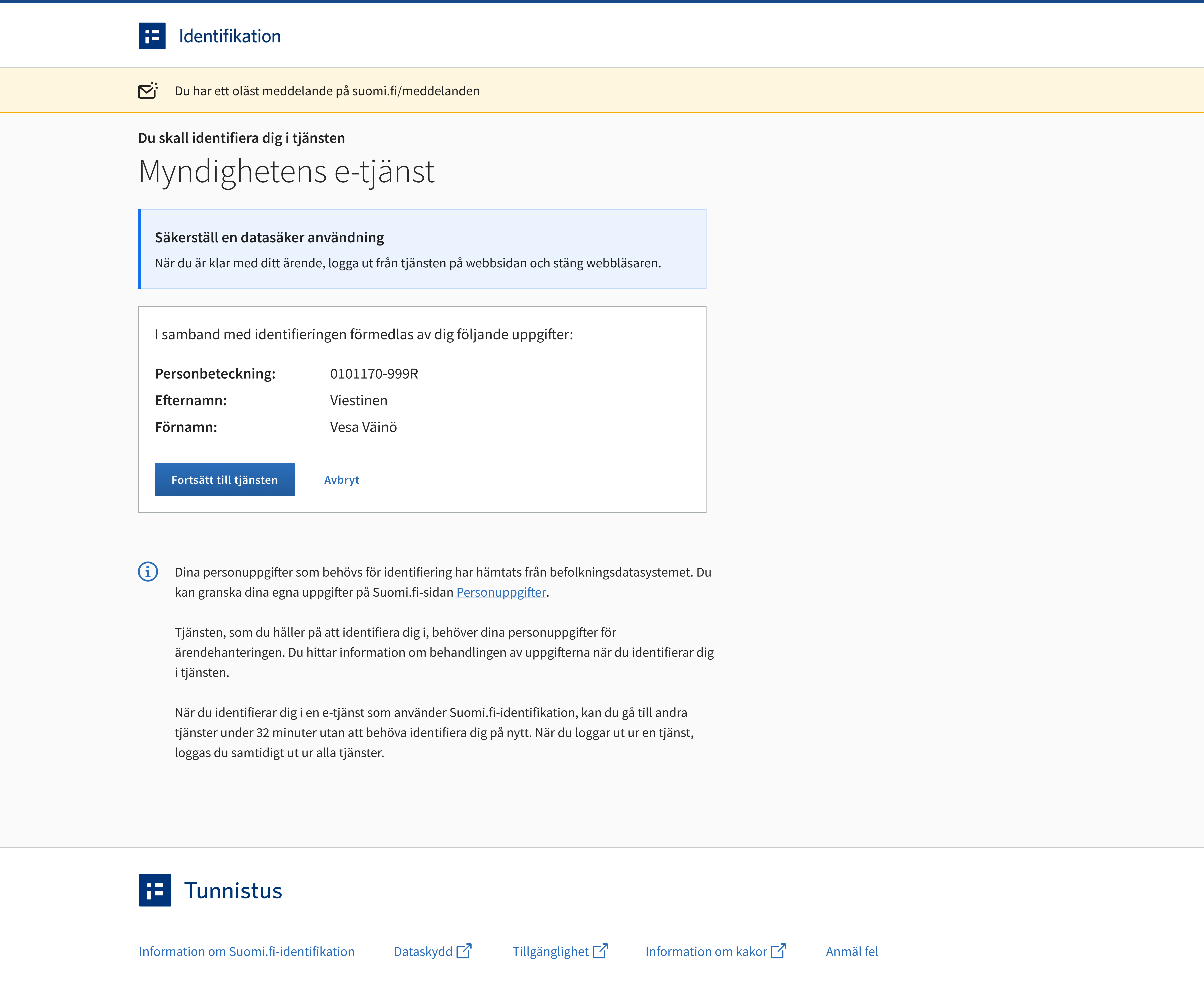 ​​​​​​​Så här ser notifikationen ut som visas i samband med Suomi.fi-identifikationen om att du har ett nytt oläst meddelande i Suomi.fi-meddelanden.