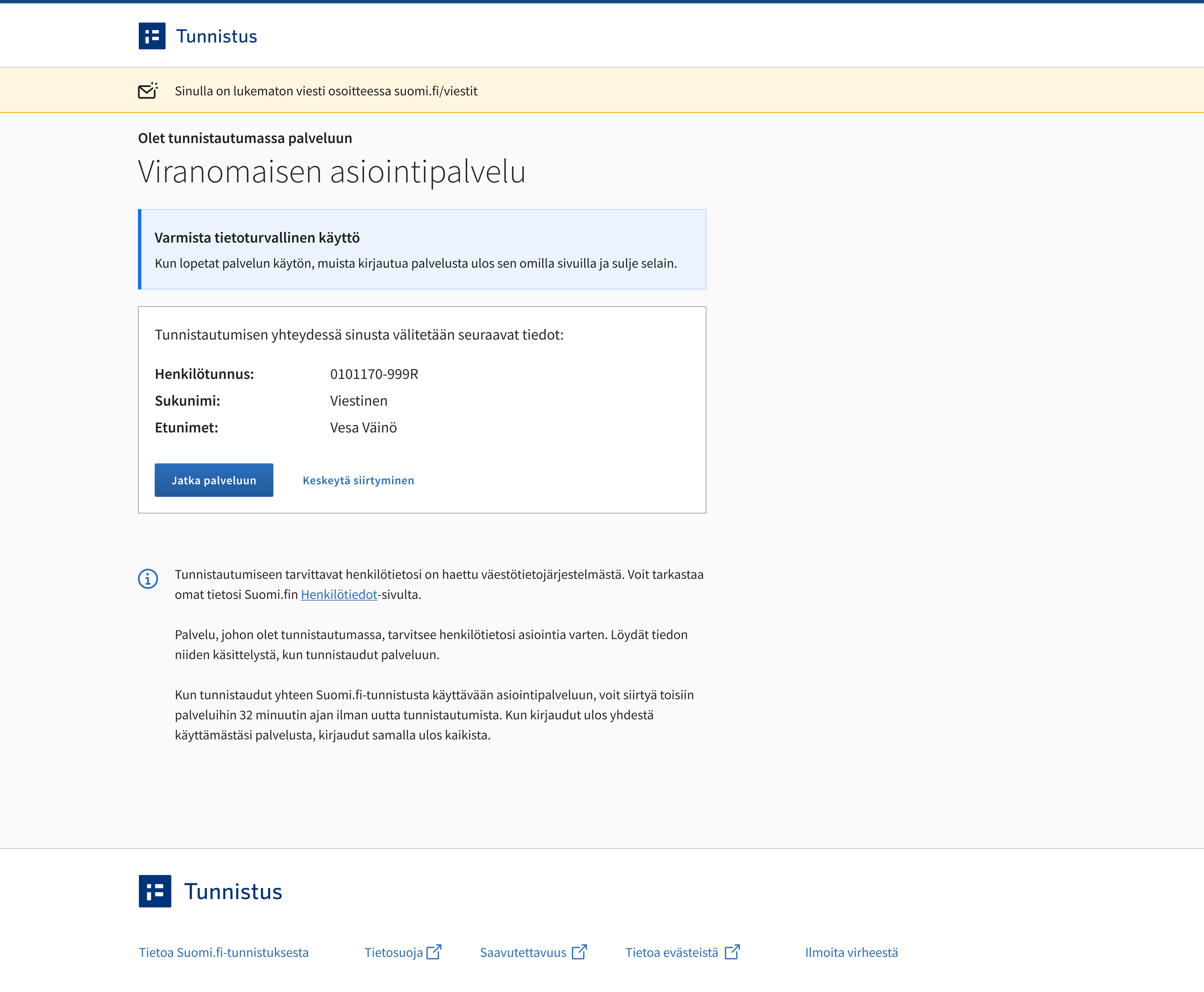 Dát čájeha Suomi.fi-ovdančáliid ovddas čájehan muittuhusa dan birra, ahte dus lea ođđa lohkanan diehtu Suomi.fi-dieđuidis.