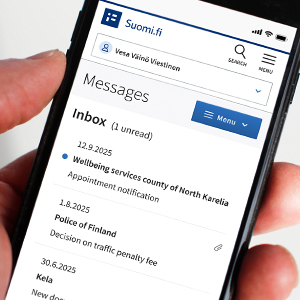 The image shows a screenshot of the Inbox folder in Suomi.fi Messages.