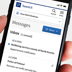 The image shows a screenshot of the Inbox folder in Suomi.fi Messages.