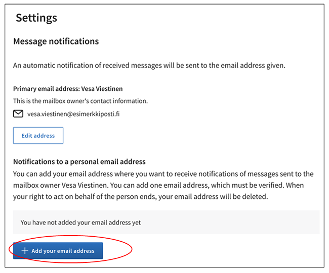 Illustration of how to add an email address in the Suomi.fi Messages settings.