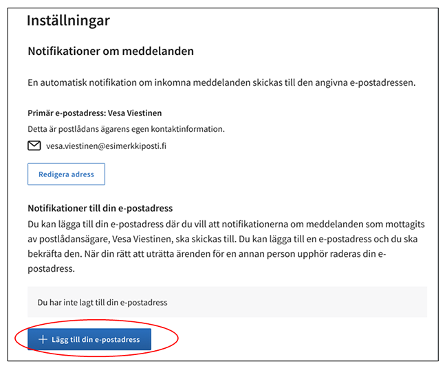 Illustration av hur man lägger till e-postadressen i inställningarna för Suomi.fi-meddelanden.