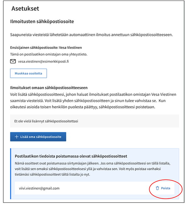 Havainnekuva siitä, miten puolesta-asioijan vanha sähköpostiosoite poistetaan Suomi.fi-viestien asetuksissa.