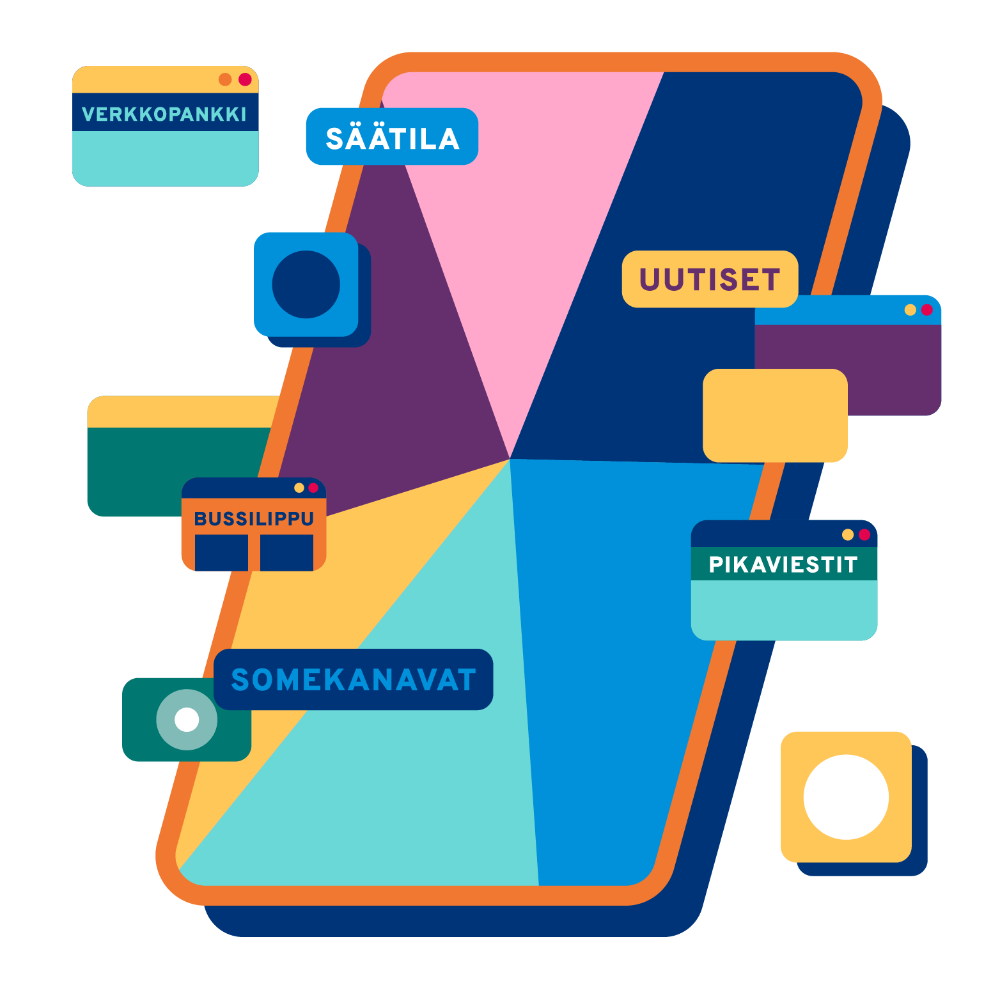 Ritning: Personer som använder smarttelefoner kan under dagen använda till och med flera tiotals appar för att sköta vardagliga ärenden. En stor del av vår tid går till att använda olika digitala tjänster, utan att vi lägger märke till det.
