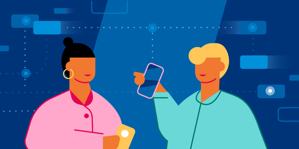 Piirroskuva: Toimivat digipalvelut lisäävät parhaimmillaan myös ihmisten välistä vuorovaikutusta. Digipalveluissakin ihminen on kuitenkin aina keskiössä.