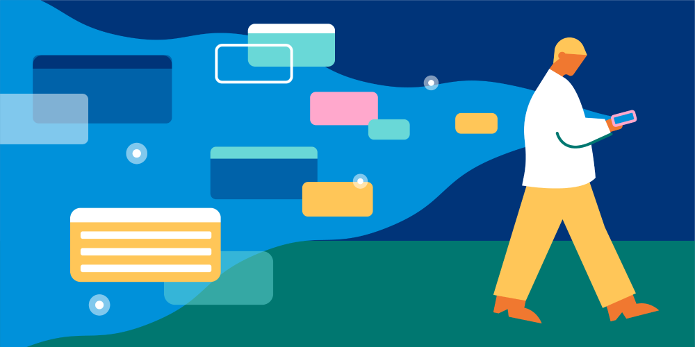 Ritning: Människan går med smarttelefon i handen. I bakgrund finns fungerande digitala tjänster finns överallt omkring människan, även om man inte ens medvetet lägger märke till dem. Den dagliga användningen av tjänster är en fast del av vår vardag.